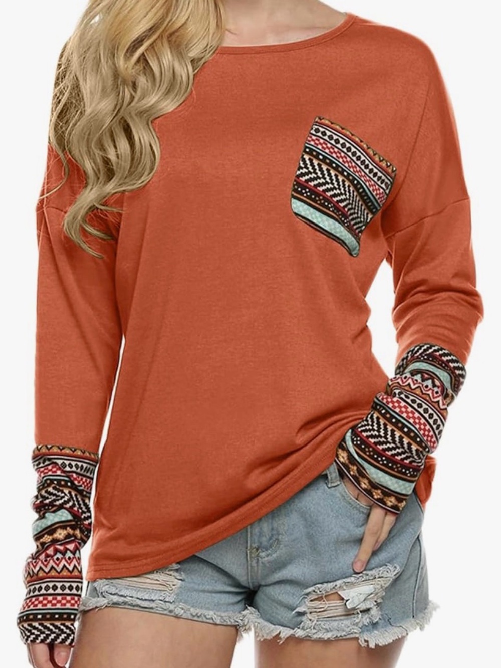 Pogtmm Orange Fall Patchwork Long Sleeve T-Shirt Top Size S
